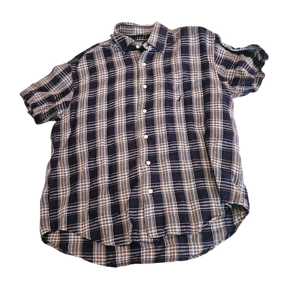 Nautica Linen Blend Plaid Button Front Shirt Men’s Large Blue White Short Sleeve